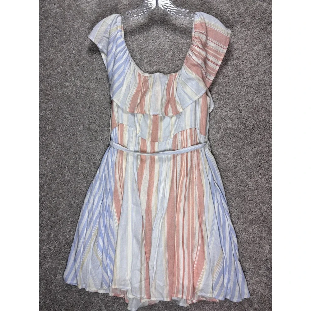 Altard State Striped Ruffle Cap Sleeve Tie Waist Romper Blue Pink AL-127A L - Picture 5 of 12